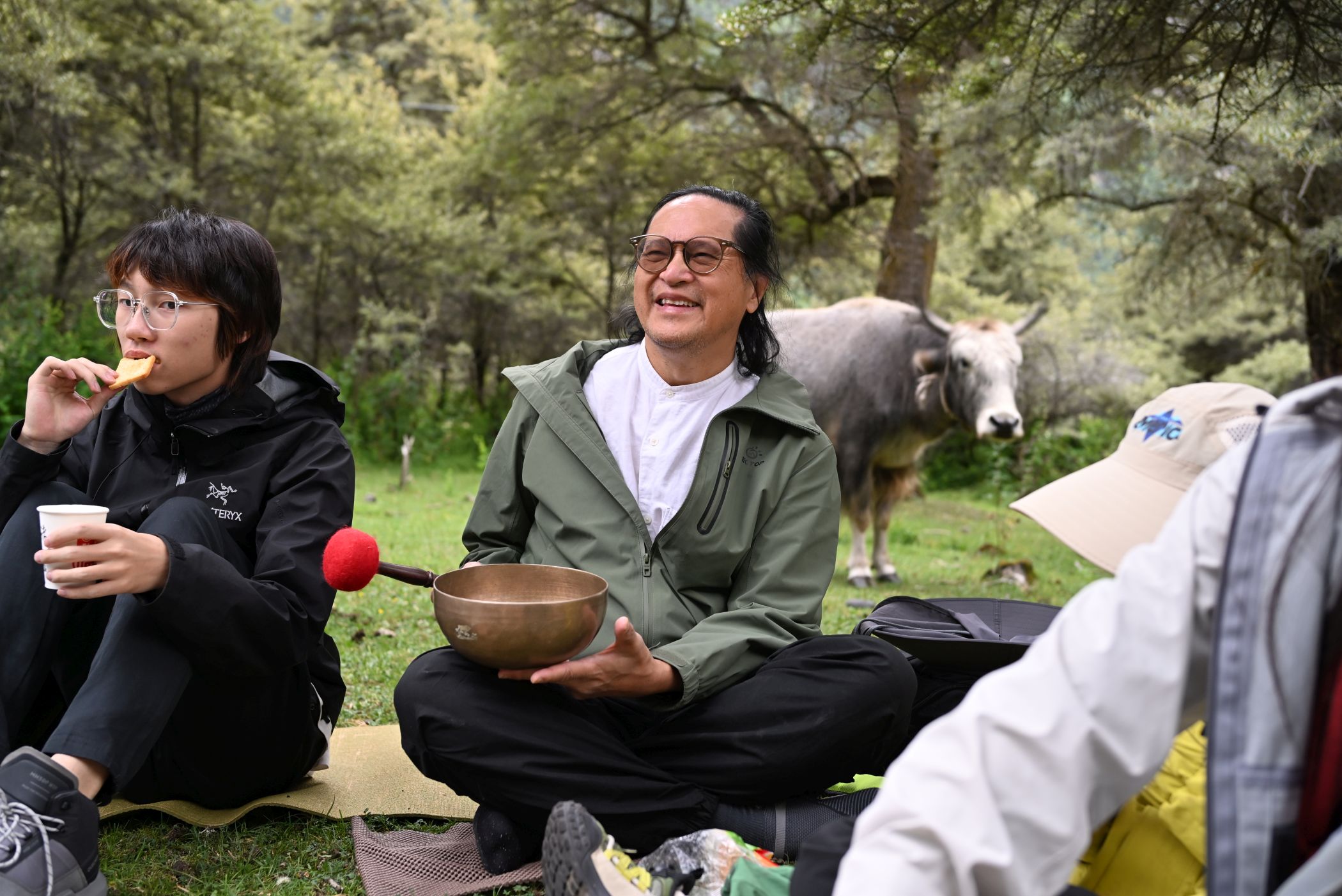 Ken sir敲頌鉢,測試氂牛反應,但牠們似乎不為所動。