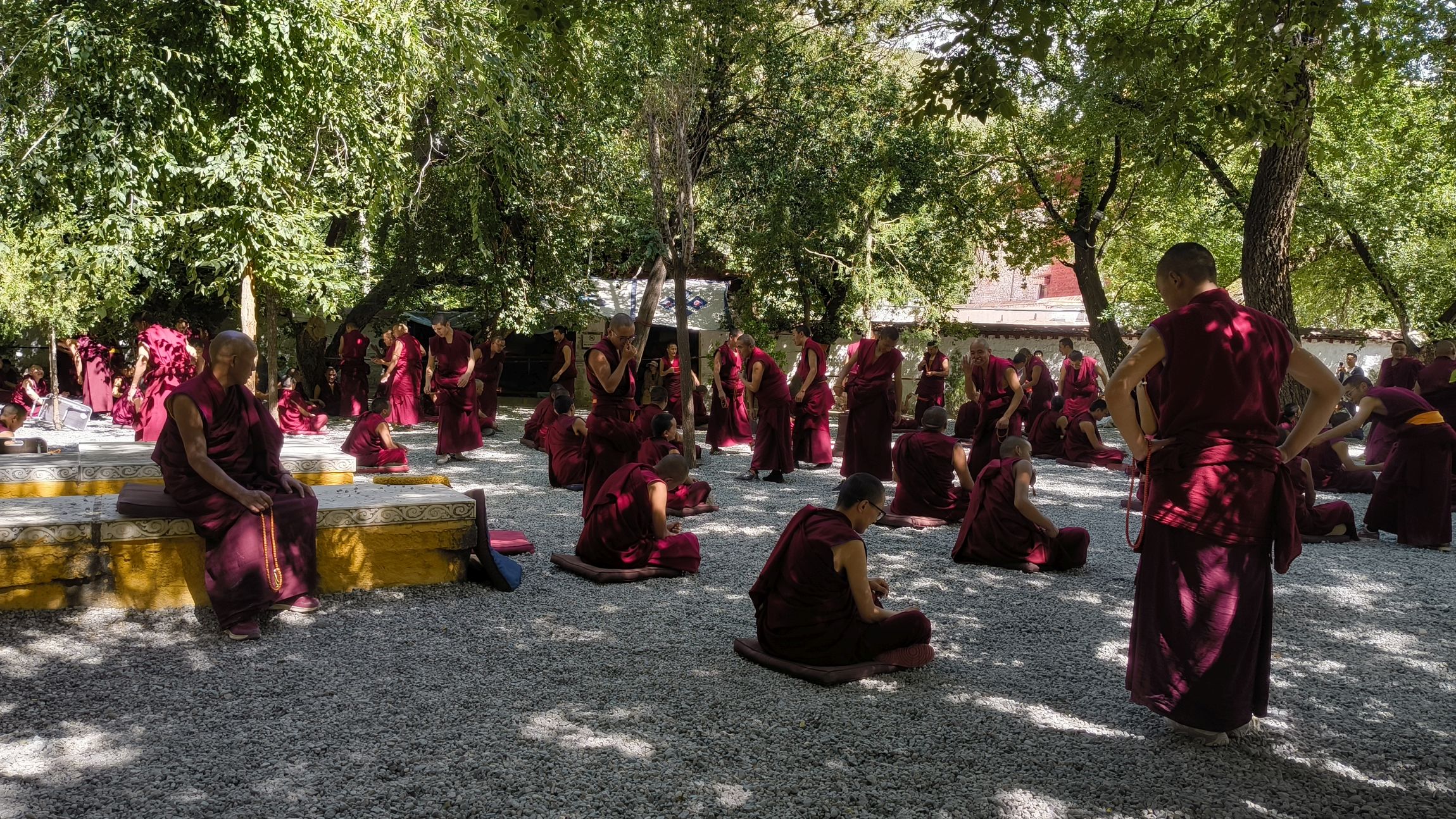 有位年長喇嘛（左）出現，附近的年輕喇嘛變得較為拘謹。